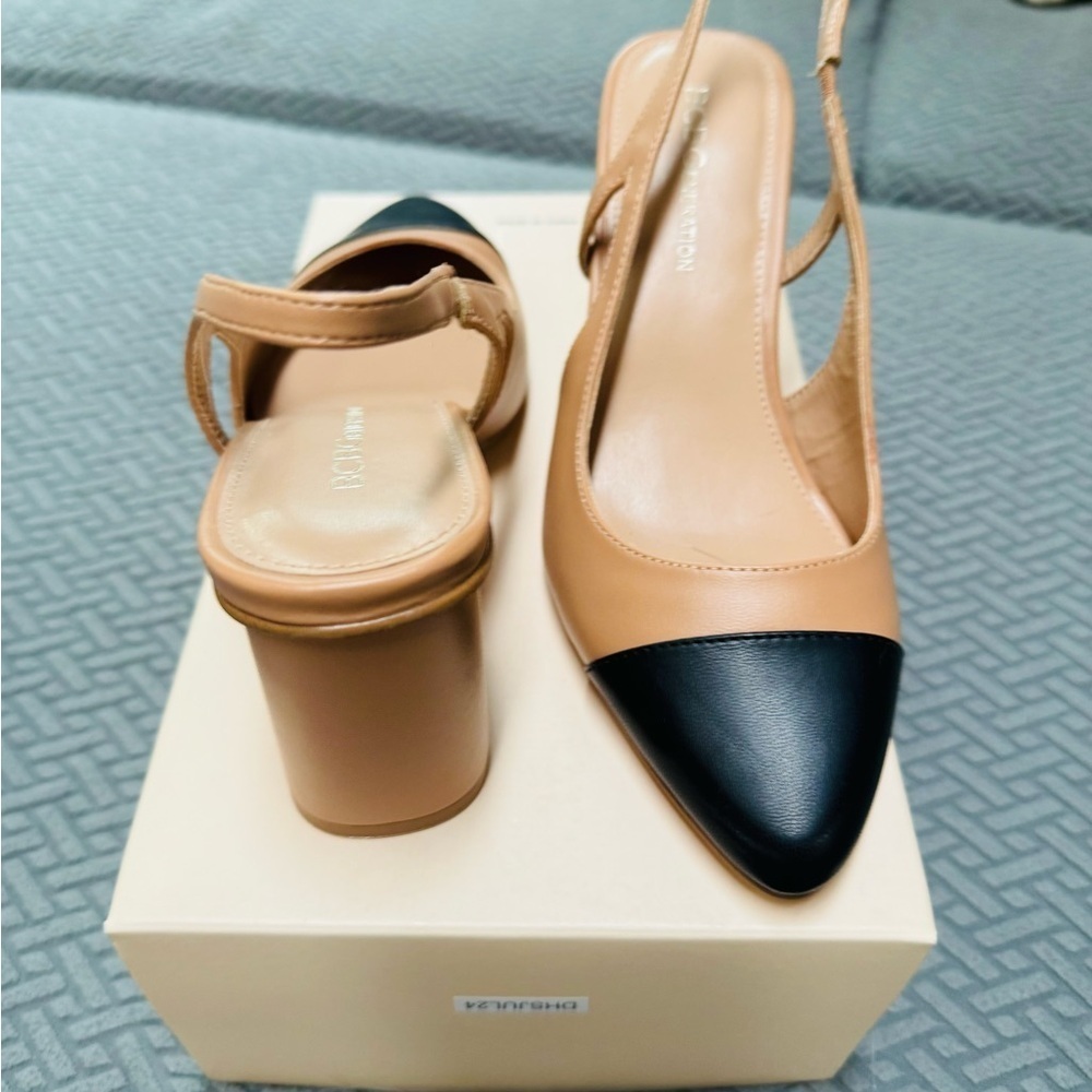BCBGeneration Tan and Black Slingback Heels with Pointed Toe - Picture 9 of 13